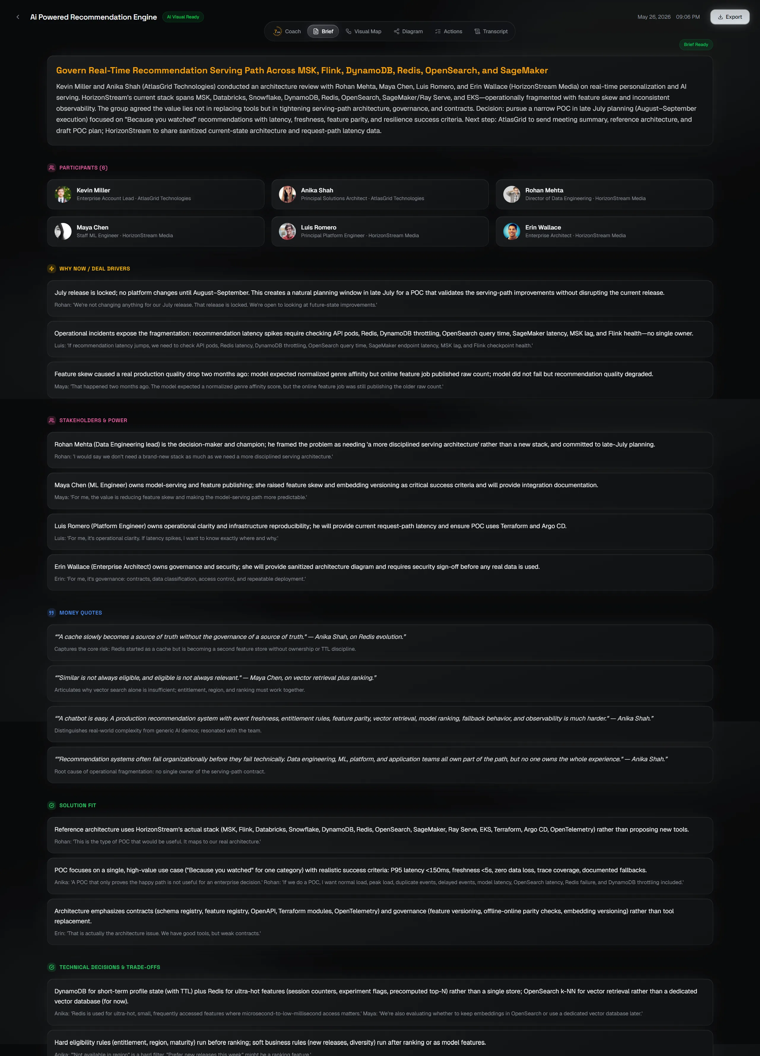Executive brief with decisions and action items